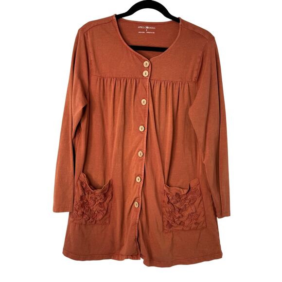 April Cornell Cardigan Women Rust Brown Button Front Embroidered Pockets Tunic - Picture 1 of 8